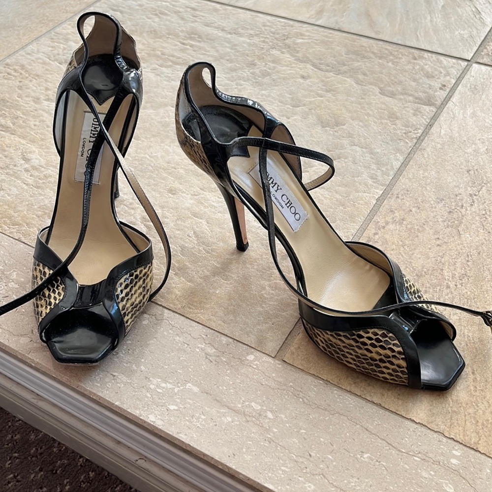 Joint Choo crocodile and patent pumps, excellent condition. Size 9.5